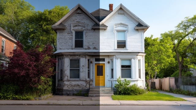 https://www.vecteezy.com/photo/73973074-a-striking-comparison-of-an-abandoned-weathered-house-alongside-a-beautifully-renovated-home-showcasing-urban-transformation