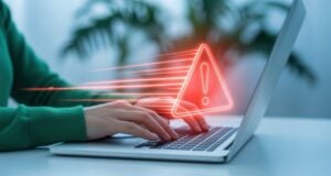 Cybercriminals Armed with AI Are Pillaging American Bank Accounts at a Record Pace https://www.vecteezy.com/photo/70672905-cybersecurity-threat-woman-typing-on-laptop-with-red-warning-sign-representing-online-security-risk
