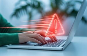 Cybercriminals Armed with AI Are Pillaging American Bank Accounts at a Record Pace https://www.vecteezy.com/photo/70672905-cybersecurity-threat-woman-typing-on-laptop-with-red-warning-sign-representing-online-security-risk