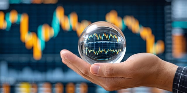 Hand holding crystal ball reflecting stock market chart https://www.vecteezy.com/photo/72526765-hand-holding-crystal-ball-reflecting-stock-market-chart