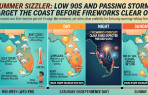 Summer Sizzler: Low 90s And Passing Storms Target The Coast Before Fireworks Clear Out