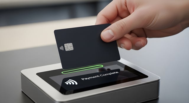 Contactless payment with credit card on POS terminal machine. https://www.vecteezy.com/photo/72906458-contactless-payment-with-credit-card-on-pos-terminal-machine