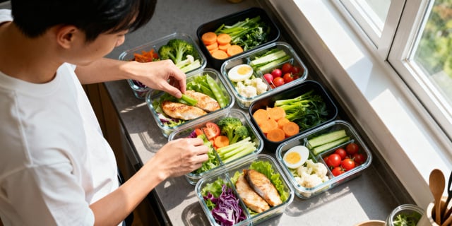 Healthy meal prep containers with grilled chicken and fresh vegetables arranged by person https://www.vecteezy.com/photo/77178192-healthy-meal-prep-containers-with-grilled-chicken-and-fresh-vegetables-arranged-by-person