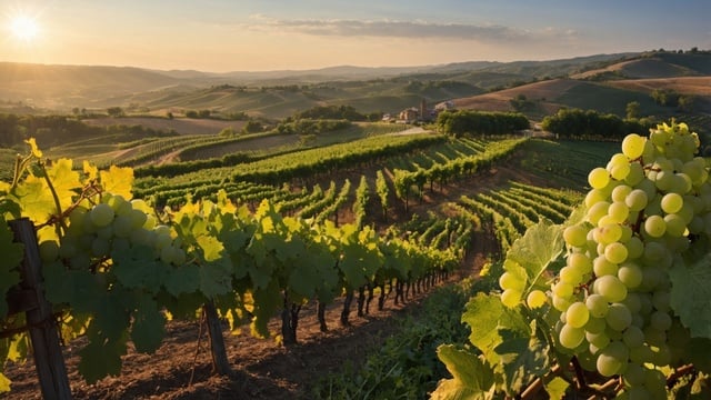 Scenic vineyard landscape at sunset with lush grapevines and rolling hills in the background https://www.vecteezy.com/photo/75570106-scenic-vineyard-landscape-at-sunset-with-lush-grapevines-and-rolling-hills-in-the-background