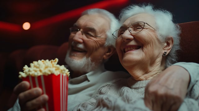 Elderly couple enjoy watching movie at cinema https://www.vecteezy.com/photo/58531165-an-elderly-couple-sitting-in-a-theater-with-popcorn