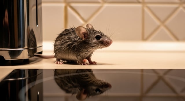 Small grey mouse with wet fur perched on a kitchen countertop next to a kettle https://www.vecteezy.com/photo/72326085-small-grey-mouse-with-wet-fur-perched-on-a-kitchen-countertop-next-to-a-kettle