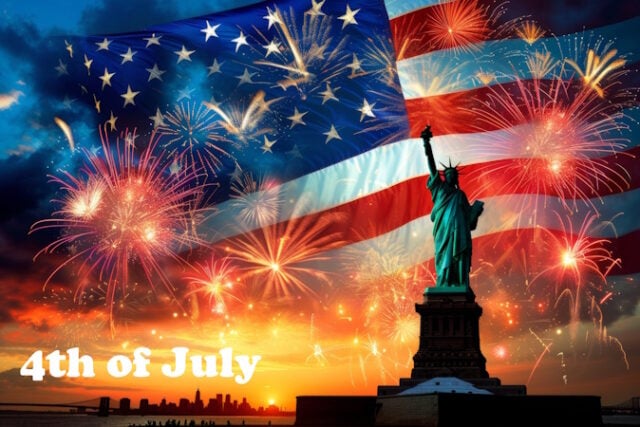Festive sky with fireworks and American flag, Independence Day