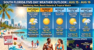 South Florida Faces Sweltering Mid-90s Heat, Beach Hazards, and Tropical Waves