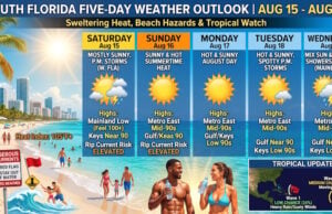 South Florida Faces Sweltering Mid-90s Heat, Beach Hazards, and Tropical Waves