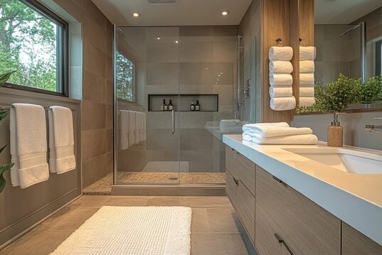 https://www.vecteezy.com/photo/54937627-a-bathroom-with-a-walk-in-shower-and-a-sink