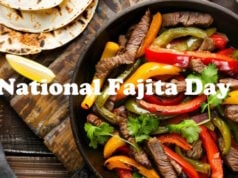 The Word “Fajita” First Appeared In The Oxford English Dictionary In 1971 https://www.vecteezy.com/photo/44179763-a-black-pan-filled-with-meat-and-peppers-sits-on-a-wooden-table