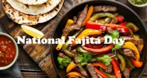 The Word “Fajita” First Appeared In The Oxford English Dictionary In 1971 https://www.vecteezy.com/photo/44179763-a-black-pan-filled-with-meat-and-peppers-sits-on-a-wooden-table