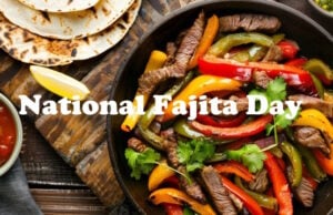 The Word “Fajita” First Appeared In The Oxford English Dictionary In 1971 https://www.vecteezy.com/photo/44179763-a-black-pan-filled-with-meat-and-peppers-sits-on-a-wooden-table