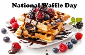 Belgian Waffles Debuted At The 1964 New York’s World’s Fair. They Were Introduced As Bel-Gem Waffles! https://www.vecteezy.com/photo/46606171-a-stack-of-belgian-waffles-with-chocolate-sauce-and-berries-on-a-transparent-white-backdrop