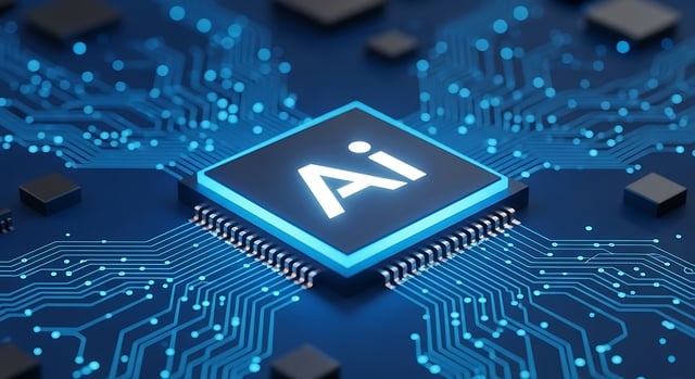 Closeup of a glowing ai chip on a blue circuit board, symbolizing artificial intelligence and technology https://www.vecteezy.com/photo/74816810-closeup-of-a-glowing-ai-chip-on-a-blue-circuit-board-symbolizing-artificial-intelligence-and-technology