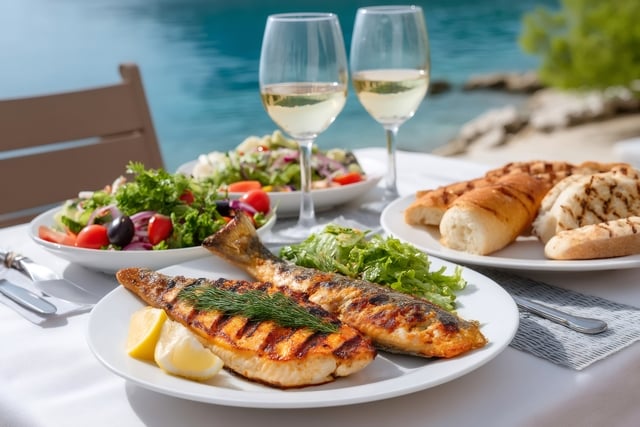 Grilled fish with salad and white wine enjoying sea view in a luxury restaurant https://www.vecteezy.com/photo/65379136-grilled-fish-with-salad-and-white-wine-enjoying-sea-view-in-a-luxury-restaurant