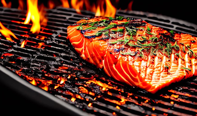 Grilled salmon. Healthy food: baked salmon. Hot fish dish. https://www.vecteezy.com/photo/14593912-grilled-salmon-healthy-food-baked-salmon-hot-fish-dish