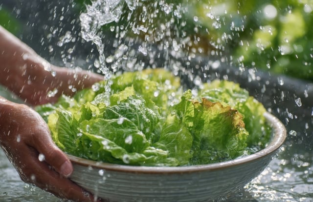 Hands washing fresh green lettuce leaves in bowl with water splash https://www.vecteezy.com/photo/77171076-hands-washing-fresh-green-lettuce-leaves-in-bowl-with-water-splash