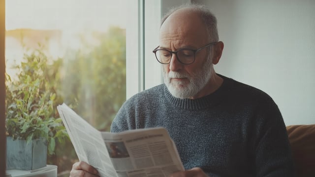 Senior man reading newspaper in cozy home with natural light and calm expression https://www.vecteezy.com/photo/67965612-senior-man-reading-newspaper-in-cozy-home-with-natural-light-and-calm-expression
