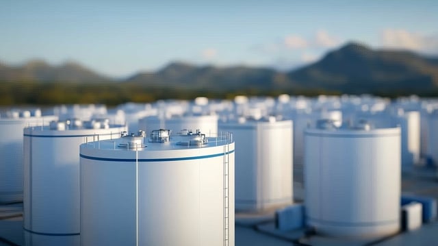 Storage tanks in a facility with mountains in the background, clear blue sky. https://www.vecteezy.com/photo/50897561-storage-tanks-in-a-facility-with-mountains-in-the-background-clear-blue-sky