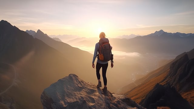 Success woman hiker hiking on sunrise mountain peak. Generative Ai https://www.vecteezy.com/photo/25231816-success-woman-hiker-hiking-on-sunrise-mountain-peak-generative-ai