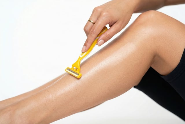 Woman shaving her leg with a bright yellow razor https://www.vecteezy.com/photo/79375063-woman-shaving-her-leg-with-a-bright-yellow-razor