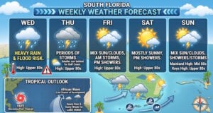 Heavy Rain and Flood Threat Target South Florida Midweek as Tropical System Faye Weakens
