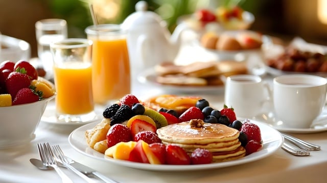 A delicious breakfast spread featuring pancakes, fresh fruits, and beverages, perfect for a morning feast or brunch setting. https://www.vecteezy.com/photo/70099052-a-delicious-breakfast-spread-featuring-pancakes-fresh-fruits-and-beverages-perfect-for-a-morning-feast-or-brunch-setting