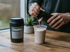 New Research Suggests Creatine May Help Boost Strength After 45—Even Without Exercise https://www.vecteezy.com/photo/69858141-a-person-pours-a-protein-shake-into-a-cup-with-a-container-labeled-creatine-in-the-background