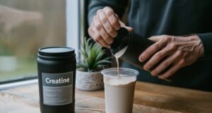 New Research Suggests Creatine May Help Boost Strength After 45—Even Without Exercise https://www.vecteezy.com/photo/69858141-a-person-pours-a-protein-shake-into-a-cup-with-a-container-labeled-creatine-in-the-background