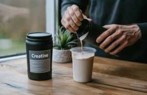 New Research Suggests Creatine May Help Boost Strength After 45—Even Without Exercise https://www.vecteezy.com/photo/69858141-a-person-pours-a-protein-shake-into-a-cup-with-a-container-labeled-creatine-in-the-background