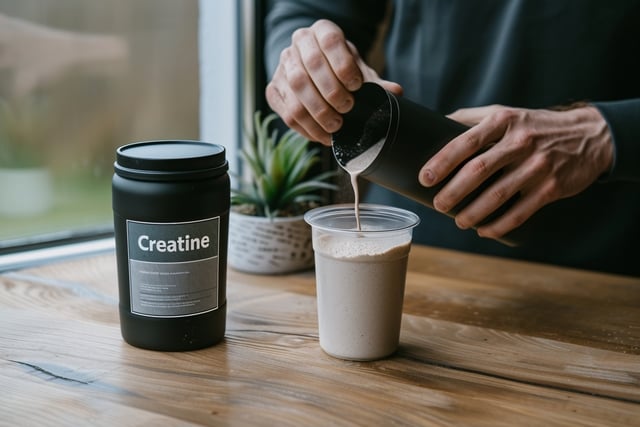 A person pours a protein shake into a cup with a container labeled Creatine in the background. https://www.vecteezy.com/photo/69858141-a-person-pours-a-protein-shake-into-a-cup-with-a-container-labeled-creatine-in-the-background