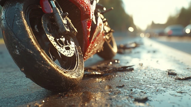A red motorcycle rests on the ground, surrounded by debris on a wet road at sunset https://www.vecteezy.com/photo/55579264-a-red-motorcycle-rests-on-the-ground-surrounded-by-debris-on-a-wet-road-at-sunset