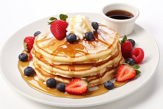 Pancakes served with syrup and fruits on white plate https://www.vecteezy.com/photo/35591380-ai-generated-pancakes-served-with-syrup-and-fruits-on-white-plate