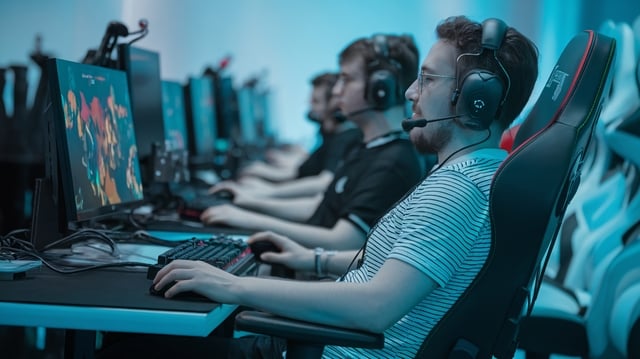 Focused male gamer in striped shirt playing in a competitive esports environment. https://www.vecteezy.com/photo/69648931-focused-male-gamer-in-striped-shirt-playing-in-a-competitive-esports-environment