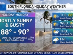 Breezy, Sunny Holiday Across South Florida With Minor Coastal Flooding Risk and Tropical Disturbance East of Cabo Verde