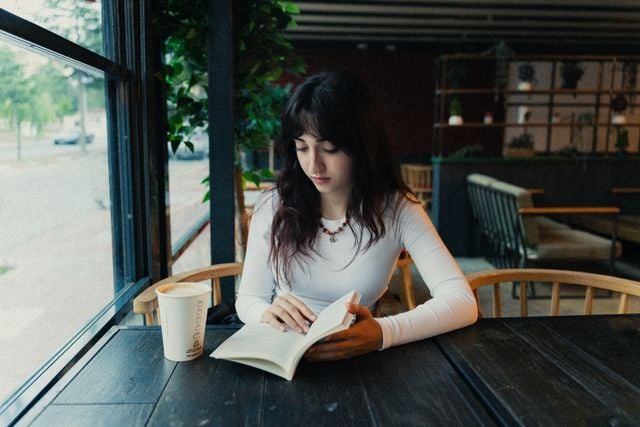 https://www.pexels.com/photo/a-woman-reading-a-book-at-a-table-with-a-cup-of-coffee-27658223/