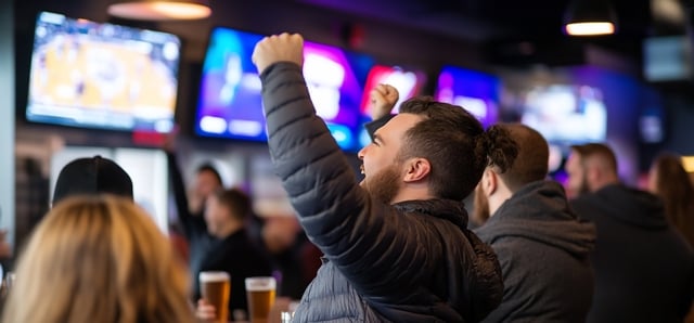 A man cheers with his arms raised at a sports bar, watching a game on the TV screen. https://www.vecteezy.com/photo/69539809-a-man-cheers-with-his-arms-raised-at-a-sports-bar-watching-a-game-on-the-tv-screen
