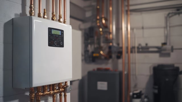 The modern tankless water heater is installed in a clean and organized utility room https://www.vecteezy.com/photo/50787087-a-sleek-efficient-tankless-water-heater-is-mounted-on-the-wall-connected-to-organized-copper-pipes-in-a-tidy-basement-utility-room-showcasing-advanced-modern-installation-techniques