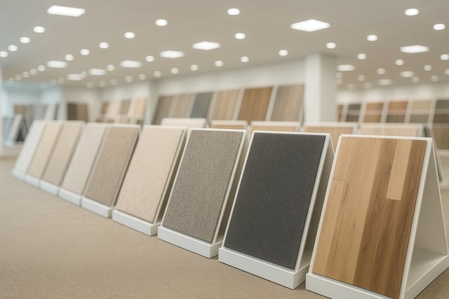 Diverse Flooring Samples Display in Modern Showroom with Bright Lighting and Contemporary Design for Interior Selection and Inspiration https://www.vecteezy.com/photo/68299207-diverse-flooring-samples-display-in-modern-showroom-with-bright-lighting-and-contemporary-design-for-interior-selection-and-inspiration