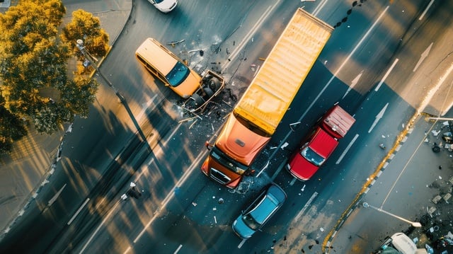 High angle view of dangerous car accident on road, truck, top view of collision. https://www.vecteezy.com/photo/44263608-high-angle-view-of-dangerous-car-accident-on-road-truck-top-view-of-collision